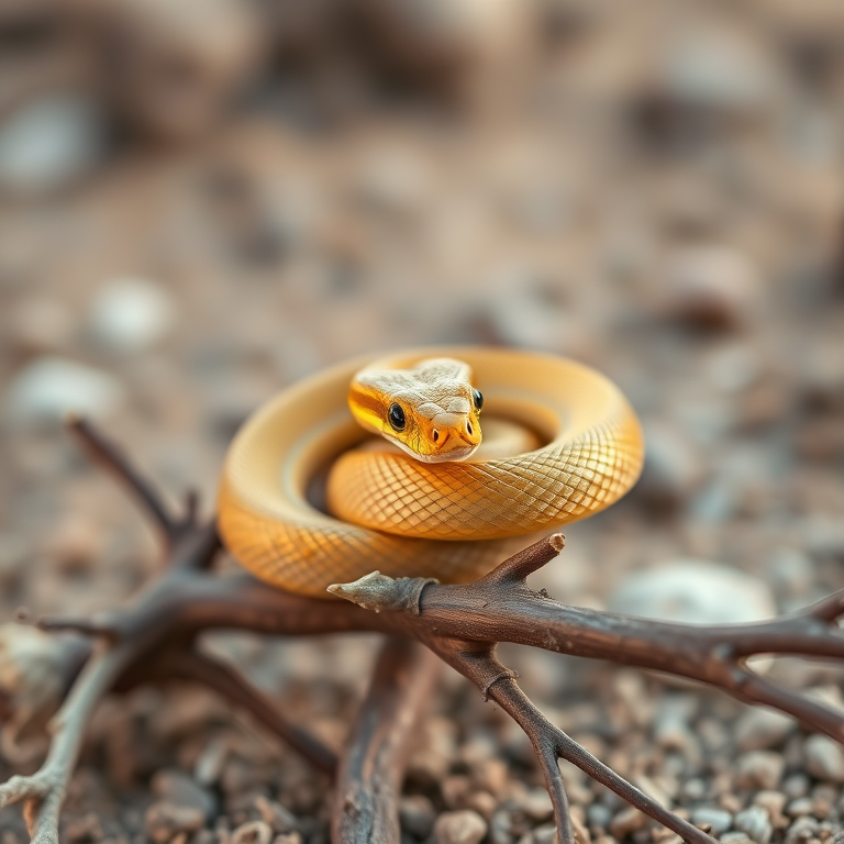 A close-up shot of a golden snake coiled around a dried branch in a desert environment, using a Canon EOS 5D Mark IV camera with a 50mm f/1.8 lens, aperture set to f/2.8, ISO 400, and a shutter speed of 1/200 sec, captured in natural light for enhanced detail and texture.