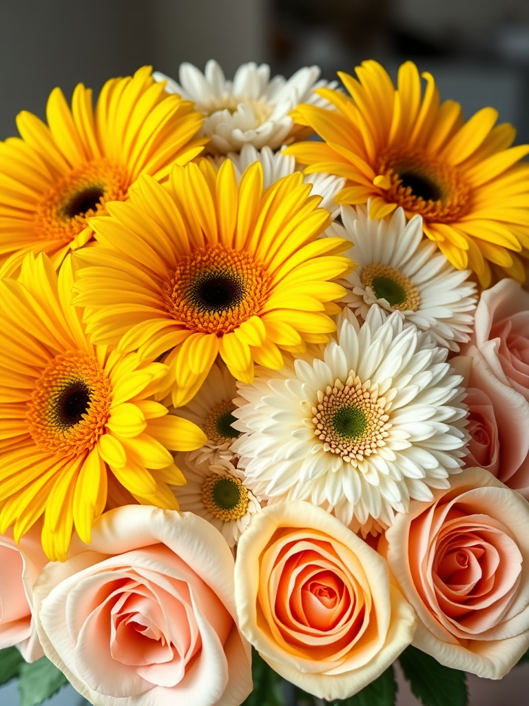 A vibrant bouquet of yellow gerbera daisies, white chrysanthemums, and soft pink roses arranged beautifully, shot at f/2.8 aperture, 50mm lens, using natural soft lighting and a macro photography style for enhanced detail and clarity.