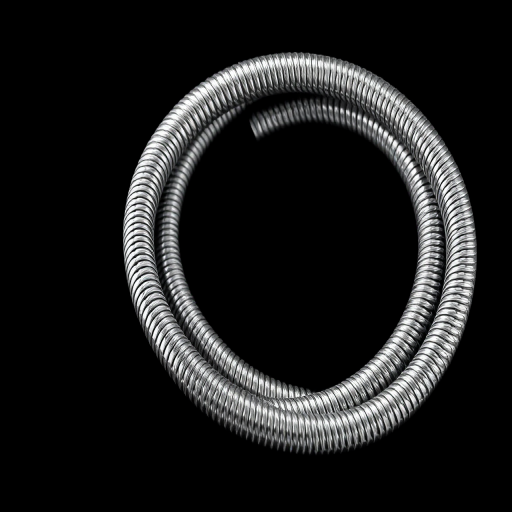A high-resolution image of a coiled stainless steel shower hose against a plain black background, taken with a DSLR camera at f/8 aperture, 1/125 shutter speed, ISO 100, using a macro lens for sharp detail and soft background blur.