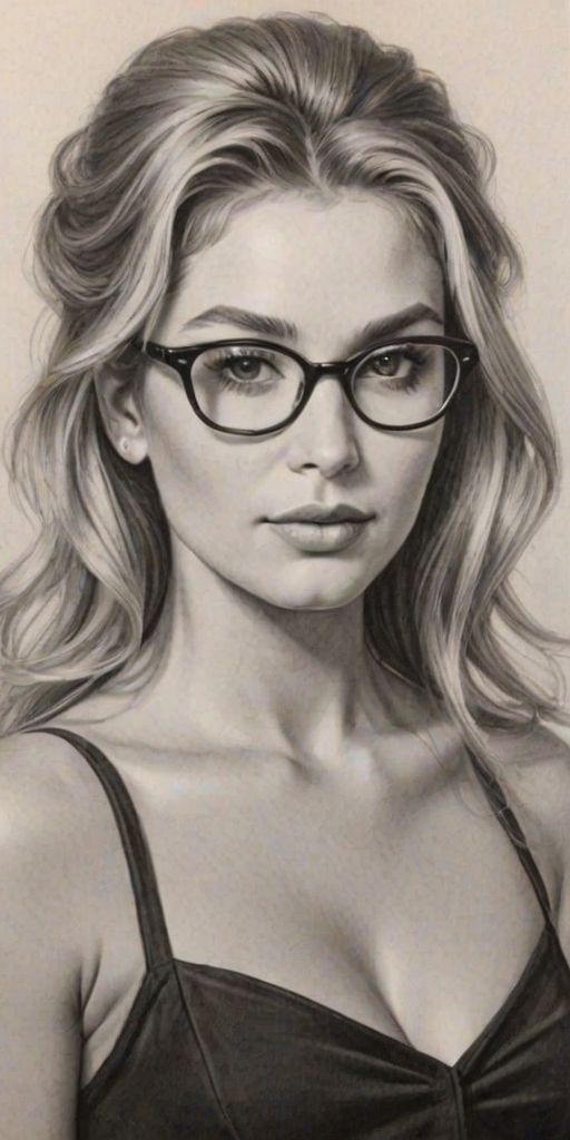 Splendid Kesha, pencil sketch, portrait of Resplendent woman 1958s in glasses, hair style beatnik, outline, clear lines, fine lines, 8k