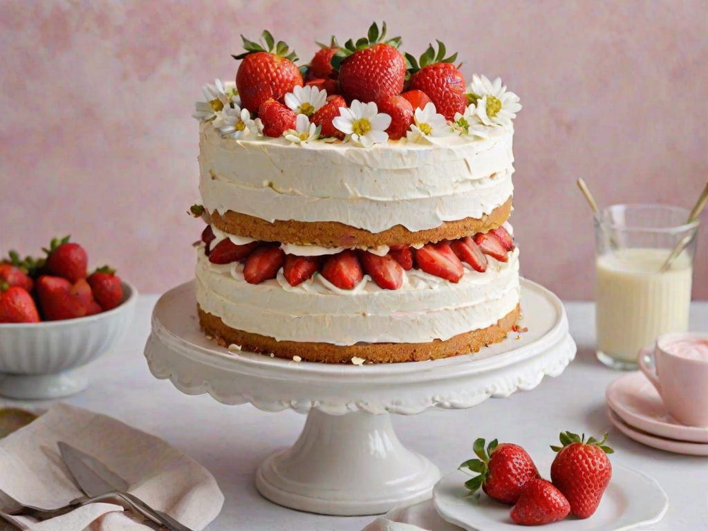 Create an image of a layered cake on a pedestal. The cake should have three layers, filled with cream and fresh strawberries. Top the cake with a generous amount of whipped cream, fresh strawberries, and small white flowers for decoration. The background should be soft and pastel-colored, enhancing the overall aesthetic of the cake. Add some scattered strawberries and flowers around the base of the pedestal for a charming touch.