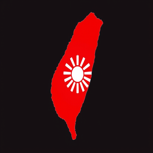 Create a high-resolution vector image of the map of Taiwan filled with red and featuring a blue stripe with a white sun emblem in the center, captured with a DSLR camera at f/8 aperture, 50mm lens, and a shallow depth of field for enhanced clarity and color contrast.