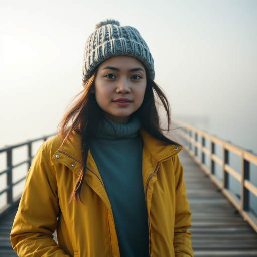 Portrait of a young woman in a yellow jacket and knitted hat standing on a foggy pier, natural lighting, shallow depth of field, ISO 200, aperture f/2.8, 50mm lens, captured with a DSLR camera in landscape orientation.