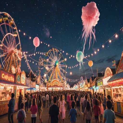 Vibrant carnival scene, with colorful rides and games, children excitedly clutching cotton candy, and festive lights illuminating the night sky, creating an atmosphere of joy and celebration.
