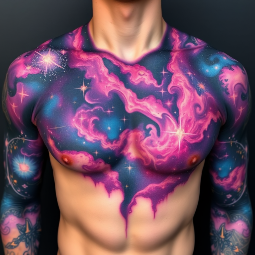 Cosmic nebula tattoo spanning across the chest and shoulders with swirling galaxies and vibrant star clusters in rich purples blues and pinks creating an otherworldly atmosphere