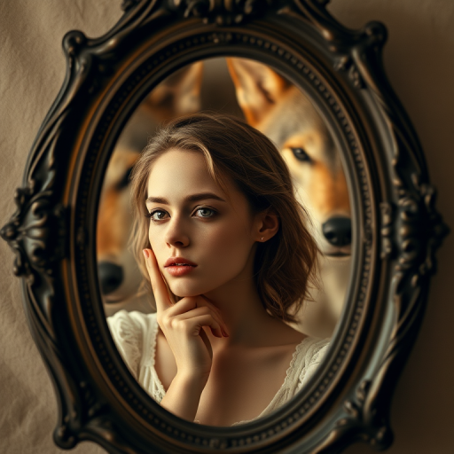 Regenerate an artistic portrait featuring a young woman with a thoughtful expression in a vintage mirror frame, a large wolf-like creature in the background, soft golden lighting, focus on emotional depth, use a Canon EOS R5 with a 50mm f/1.2 lens, aperture set to f/1.2, ISO 100, and a shallow depth of field for enhanced image quality.