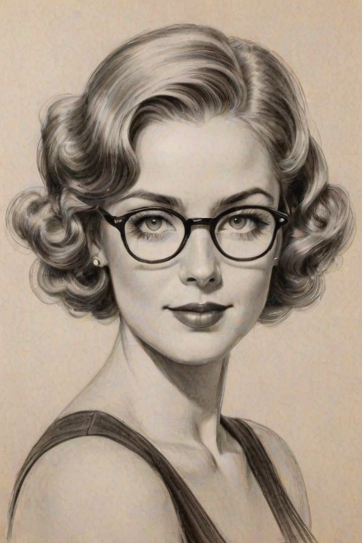 Appealing Christina Moore, pencil sketch, portrait of Delightful woman 1930s in glasses, hair style beatnik, outline, clear lines, fine lines, 8k