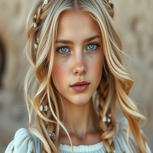 Create an image of a young Sahrawi woman with long, wavy blonde hair, adorned with small, colorful flowers woven into her braids and loose strands. Her complexion is fair, with soft, glowing skin, and she has light blue eyes that gaze softly at the viewer. She wears a light, flowing dress with a gentle, ethereal quality, complementing her delicate and serene appearance. The background is slightly blurred, drawing focus to her tranquil expression and the intricate details of the flowers in her hair. The overall mood of the image is one of natural beauty and grace, evoking a sense of peacefulness and connection with nature.