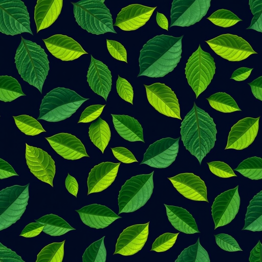 create a seamless pattern of various green leaves on a dark background, use macro photography settings with a shallow depth of field, capture from a top-down view, use a DSLR camera with a 50mm lens, f/2.8 aperture, ISO 100, shutter speed 1/200s to enhance image quality.