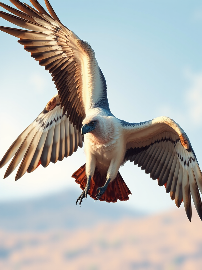 Create a detailed illustration of a majestic griffon vulture in mid-flight with its wings fully spread, high-resolution, using a DSLR camera with a 50mm lens, f-stop set to f/2.8, ISO 100, soft lighting to enhance colors and textures, shot from a low angle to emphasize the bird's grandeur.