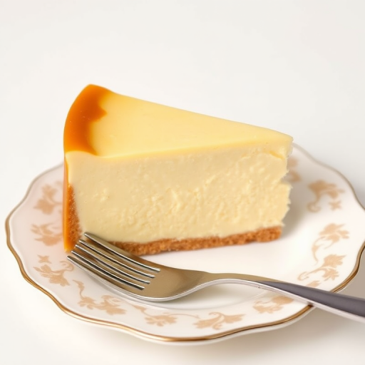 A slice of creamy cheesecake on a decorative white plate with a fork beside it, set against a light background, showcasing the smooth texture and golden edges of the cheesecake.