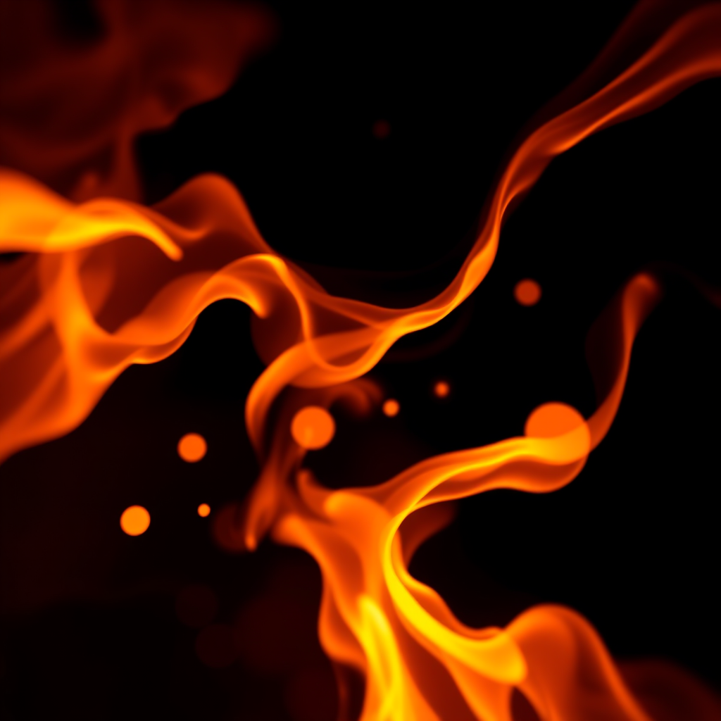 Create an abstract image of swirling flames and glowing orbs in vibrant orange and yellow colors against a dark background, with a Canon EOS 5D Mark IV, f/8 aperture, ISO 100, 24mm lens, shot from a low angle for dramatic effect.