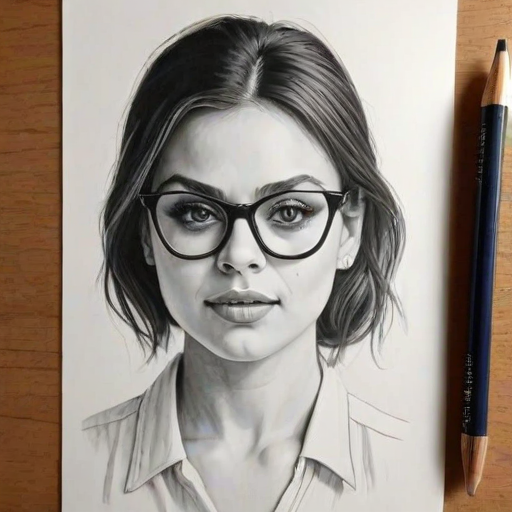 Delightful Mila Kunis, pencil sketch, portrait of Fascinating woman 1933s in glasses, hair style beatnik, outline, clear lines, fine lines, 8k