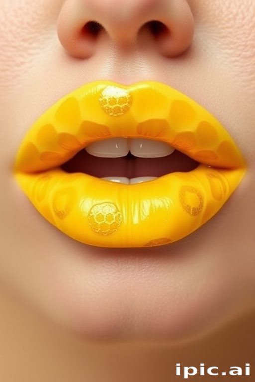 Pastel yellow lips with honeycomb patterns in gold, christened "Sunshine Nectar," create a cheerful and unique look with a creamy finish for springtime brunches and picnics