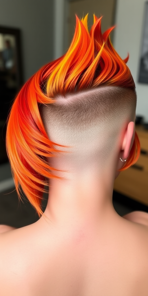 Fierce flame-inspired undercut featuring vibrant yellows and oranges, Blaze's hair ignites passion with its bold color placement and edgy asymmetrical design, shaved on one side and long on the other