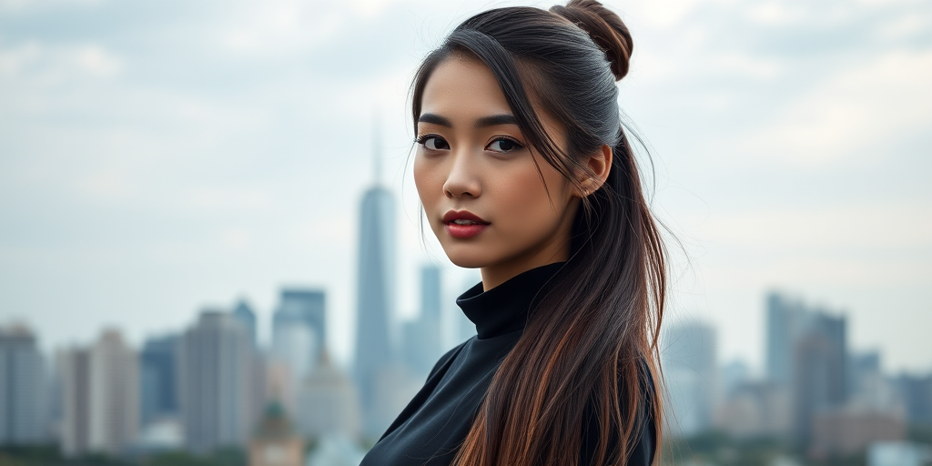 Portrait of a young woman with long, shiny hair styled in a bun, wearing a sleek, black outfit, against a stylized city skyline in the background, soft focus, aperture f/1.8, ISO 100, 50mm lens, natural light, high dynamic range.