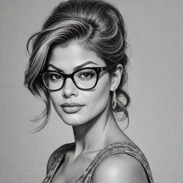 Splendid Eva Mendes, pencil sketch, portrait of Ravishing woman 1950s in glasses, hair style beatnik, outline, clear lines, fine lines, 8k