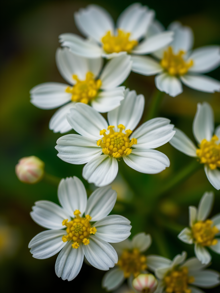 Close-up shot of white flowers with yellow centers, aperture f/2.8, ISO 200, shutter speed 1/200s, natural light, macro photography, DSLR camera.