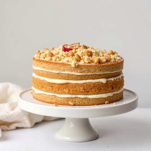 Create an image of a layered cake with visible layers of sponge cake and creamy filling topped with a crumbly topping on a white cake stand set against a neutral background. The cake should have a rustic and homemade appearance with hints of apple filling peeking through the layers.