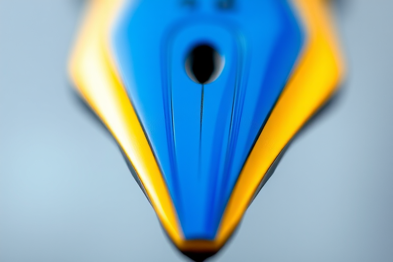 Create a high-resolution digital illustration of a fountain pen nib with vibrant blue and yellow colors, soft lighting, and smooth gradients; use a Canon EOS R with a 50mm lens at f/1.8, ISO 100, and 1/200s shutter speed, capturing a close-up view for enhanced detail and clarity.