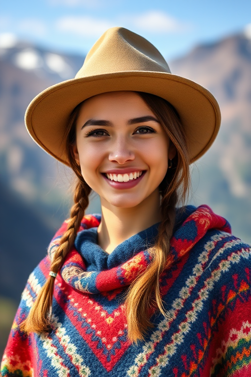 portrait of a young woman wearing a colorful poncho and hat, smiling outdoors in a mountainous landscape, natural lighting, f/2.8 aperture, 1/200 sec shutter speed, ISO 100, taken with a DSLR camera, 50mm lens, vibrant colors, shallow depth of field