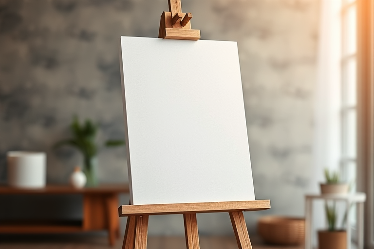 Create a high-resolution image of a blank canvas on an easel with a soft-focus background, shot from a low angle using a DSLR camera with an aperture of f/2.8, ISO 100, and a focal length of 50mm for enhanced clarity and detail.
