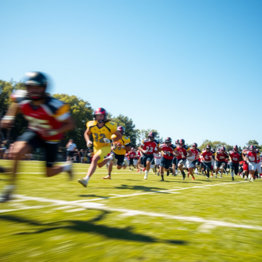 Blurry action shot of a football game in progress, players sprinting across the field with determination, colorful team jerseys contrasting against the green grass under a clear blue sky.