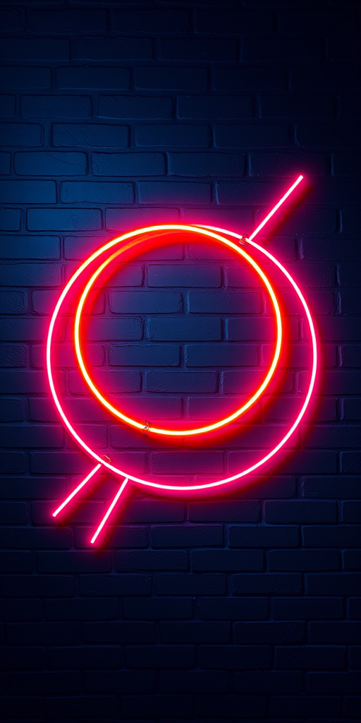 Create a neon abstract design featuring two intersecting circles and dynamic lines against a dark blue brick wall background, using a Canon EOS R5 with a 50mm f/1.2 lens, aperture set to f/2.8, ISO 100, and a shutter speed of 1/125s for vibrant color and sharp detail.