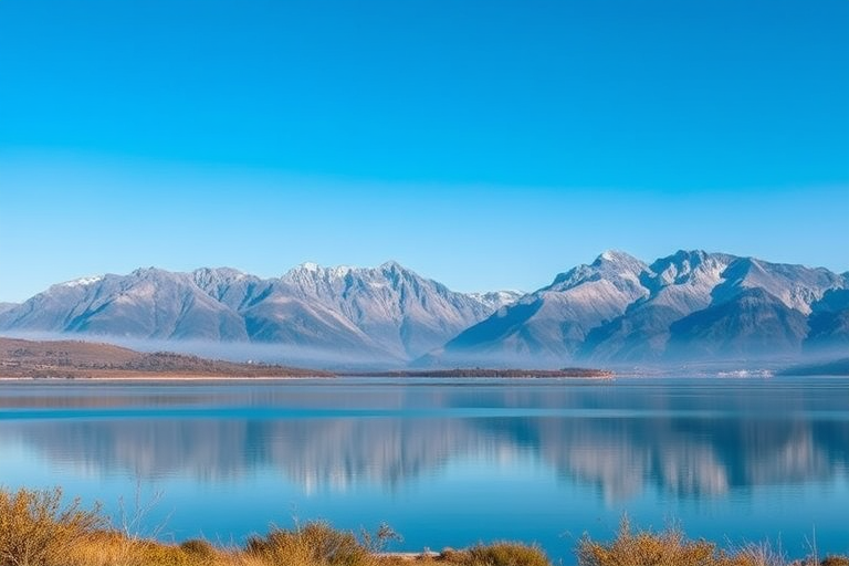 Create a high-resolution image of a serene landscape with mountains in the background, a clear blue sky, and a reflective lake in the foreground, shot with a Canon EOS 5D Mark IV, ISO 100, f/8, 1/125 sec, using a wide-angle lens for an expansive view.
