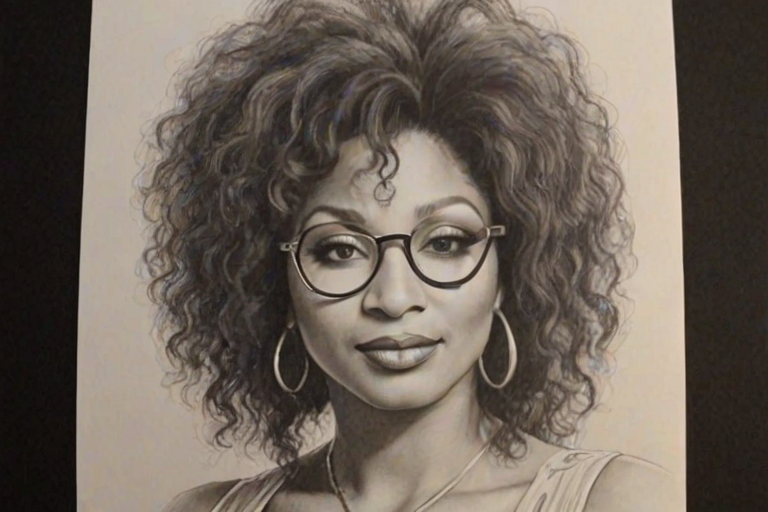 Fascinating Chaka Khan, pencil sketch, portrait of Lovely woman 1920s in glasses, hair style beatnik, outline, clear lines, fine lines, 8k