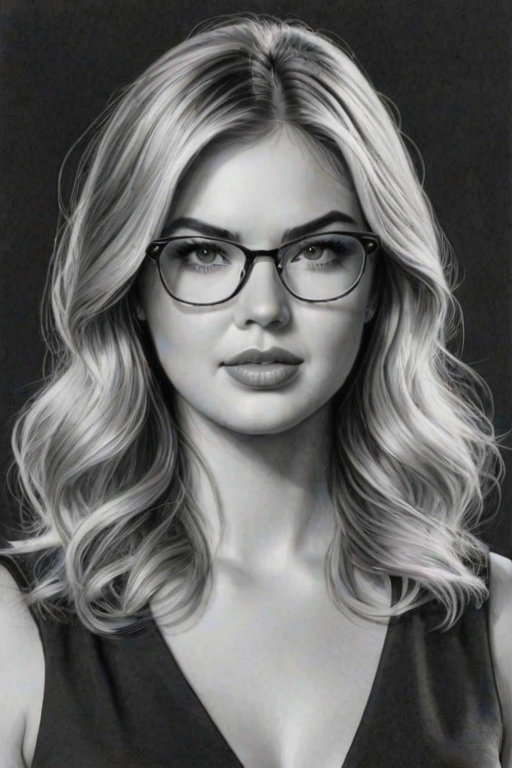 Radiant Kate Upton, pencil sketch, portrait of Enchanting woman 1965s in glasses, hair style beatnik, outline, clear lines, fine lines, 8k