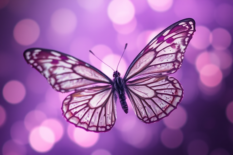 Create an ethereal image of a butterfly with intricate patterns on its wings, set against a dreamy purple background filled with soft, glowing bokeh lights. The atmosphere should be magical and whimsical, highlighting the delicate features of the butterfly.