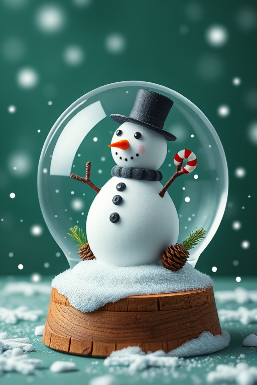 Create a high-resolution illustration of a snow globe featuring a snowman with a black hat, candy cane, and pine cone, set on a wooden base, surrounded by falling snowflakes on a green background, using a Canon EOS R5 camera with a 50mm f/1.8 lens, aperture set to f/4, ISO 200, and a soft-focus depth of field for a magical holiday effect.