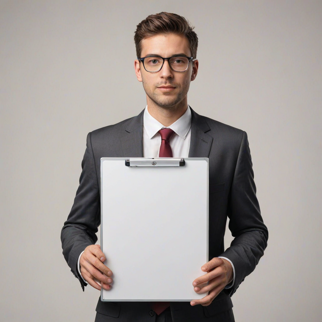Create an image of a professional individual in a business suit, holding a large blank whiteboard in front of their face. The background should be neutral to emphasize the person and the blank board. Make sure the person's hands are visible, and they are positioned at mid-chest level, showcasing the blank space clearly.