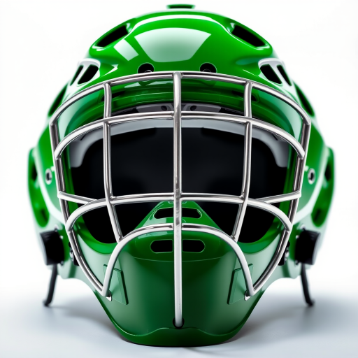 Create a high-resolution image of a green hockey goalie mask with a silver cage, shot with a Canon EOS 5D Mark IV at f/4, ISO 100, 1/125 sec, with a frontal view and a bright background.