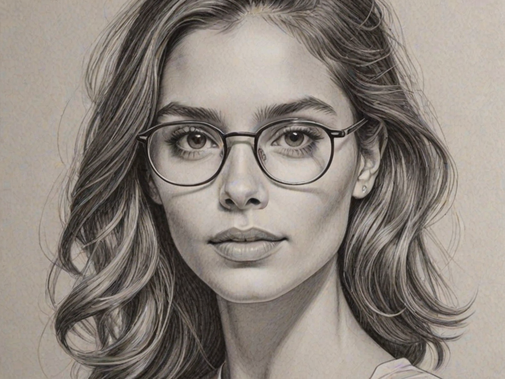 Resplendent Caitlin Stasey, pencil sketch, portrait of Exquisite woman 1945s in glasses, hair style beatnik, outline, clear lines, fine lines, 8k