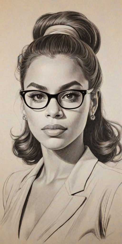 Superb Dinah Jane, pencil sketch, portrait of Comely woman 1941s in glasses, hair style beatnik, outline, clear lines, fine lines, 8k
