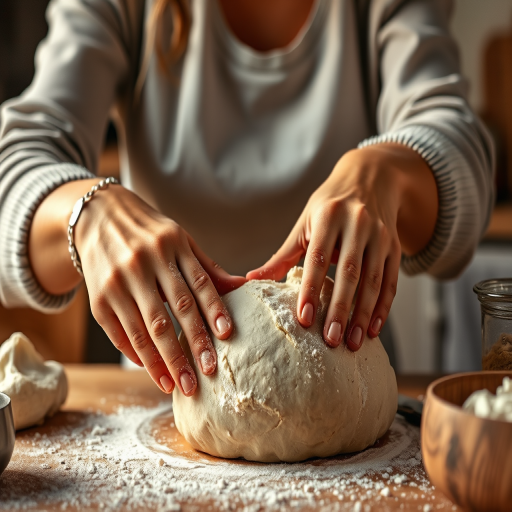 Close-up of a woman’s hands kneading dough for homemade bread, flour dusting the countertop, with warm light illuminating her focused expression and the ingredients around her.