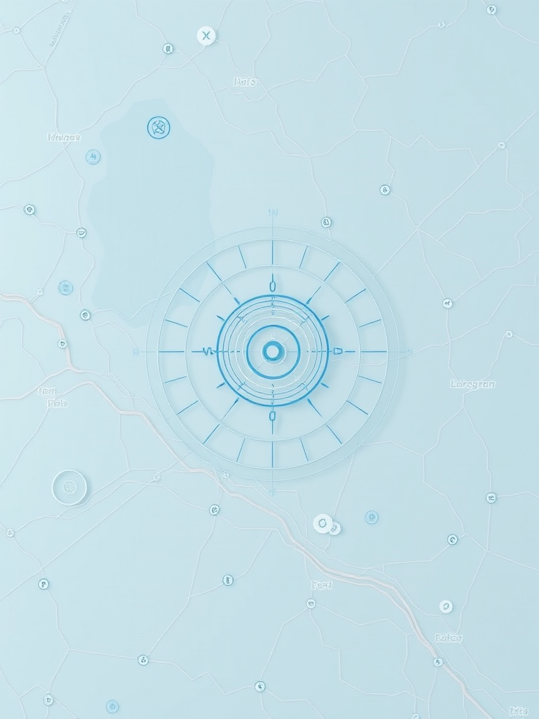 Create an abstract digital map background featuring subtle geographic elements with a light blue color palette, include overlay graphics such as radar loops and symbols, use a Canon EOS R5 camera at f/8 with a wide-angle lens, ISO 100, 1/125s shutter speed, and a flat lay view to enhance image clarity and detail.