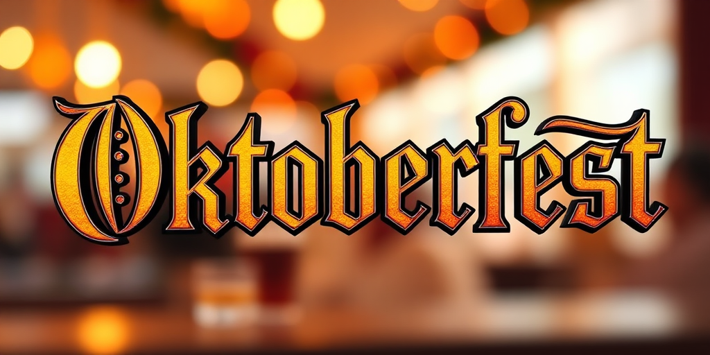 Create an image of the word 'Oktoberfest' in ornate, vintage-style lettering with a warm color palette, captured with a DSLR camera at f/2.8, 50mm lens, natural lighting, shallow depth of field for a soft background blur.
