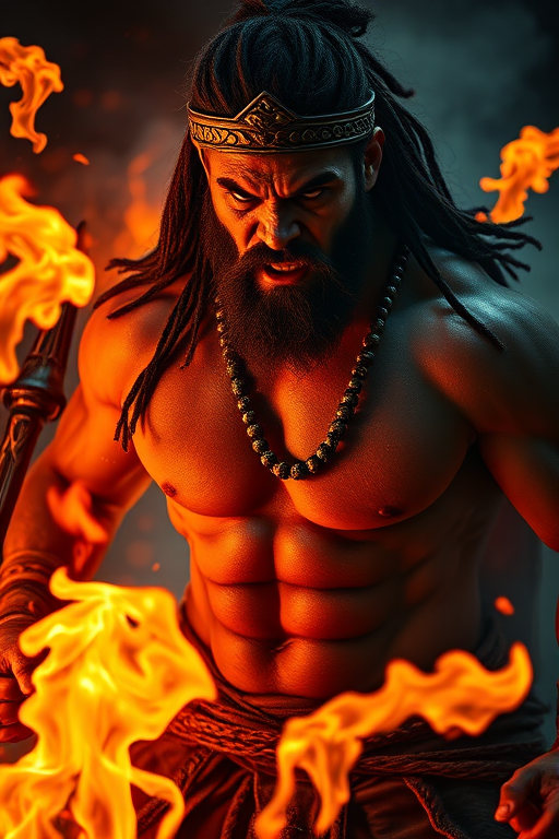 Create an image of a muscular ancient warrior with a fierce expression, surrounded by vibrant flames and smoke, high-resolution, shot with a Canon EOS R5, 50mm lens, f/1.8 aperture, ISO 100, 1/200 sec shutter speed, dramatic low angle view, cinematic style.