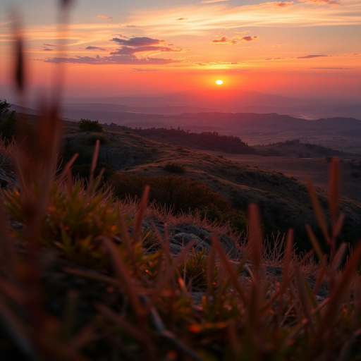 Capture a high-resolution image of a serene landscape with a vibrant sunset, using a Canon EOS R5, 35mm lens, aperture f/8, ISO 100, and a low-angle view, ensuring rich colors and sharp details.