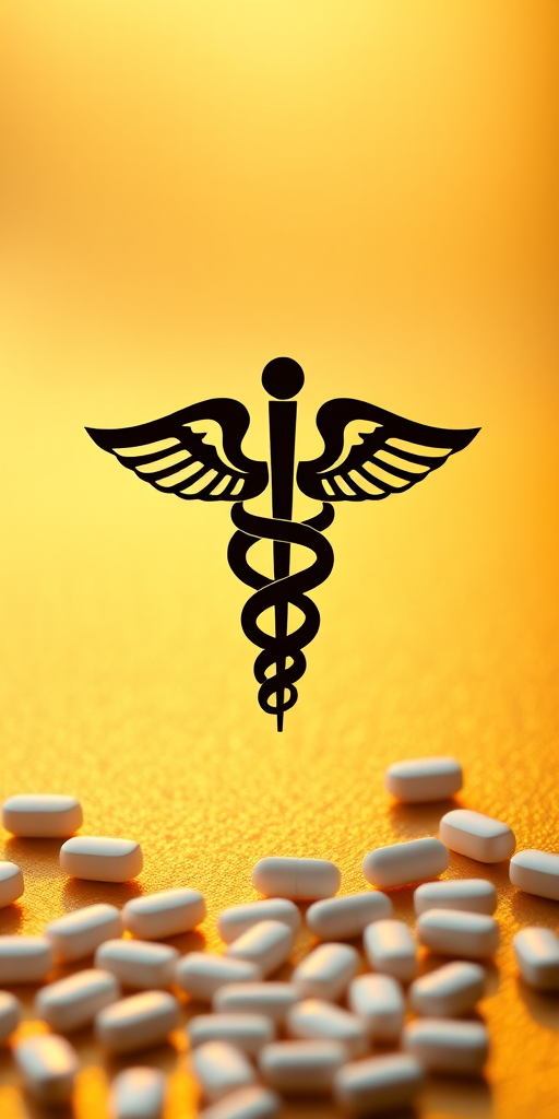 Create a high-resolution image of a medical symbol with a caduceus intertwined, set against a softly lit golden background with scattered white pills, using a Canon EOS R5 camera, 50mm lens, f/1.8 aperture, ISO 100, and a shallow depth of field for a professional look.