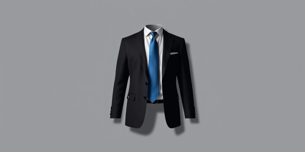 Generate a minimalist graphic of a suit without a body, featuring a black jacket and a blue tie, with a soft shadow underneath, using a 50mm lens, f/2.8 aperture, natural lighting, and a high-resolution digital camera.