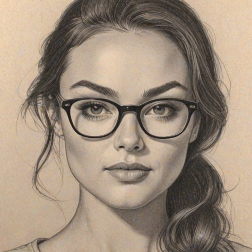 Attractive Christina Ochoa, pencil sketch, portrait of Charming woman 1961s in glasses, hair style beatnik, outline, clear lines, fine lines, 8k
