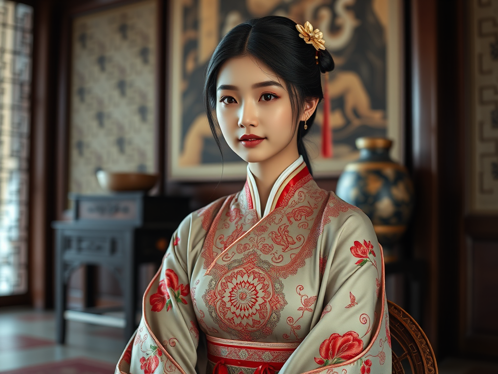 A beautiful Korean woman in traditional East Asian attire, intricately detailed with embroidered patterns, sitting gracefully in a richly decorated room, soft ambient lighting, serene and elegant, ultra-realistic, 8K resolution