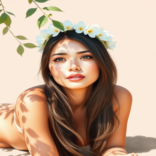 create a watercolor painting of an ethereal portrait of beautiful Native American woman with a simple white flower crown on her head. Her hair is long and she is lying on the ground. The sunlight on the trees casts shadows from the leaves on her face and body. The background is a neutral brown color that matches her skin tone. The image is minimalist and solid colors. This style is characterized by soft, delicate brushstrokes and a light, airy, contrasting color palette. High level of detail and play of light