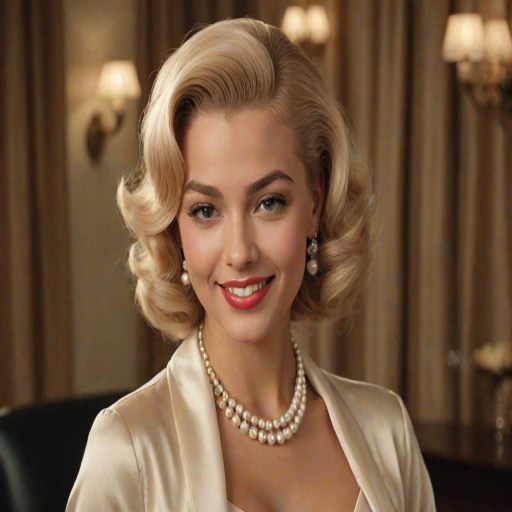A beautiful Creole woman reminiscent of 1950s Hollywood glamour, with perfectly styled blonde hair and a seductive smile, dressed in a satin blouse and adorned with pearls, soft and warm tones, photorealistic, 8K