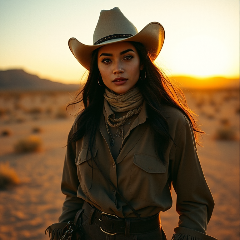 Dramatic photo of a beautiful Malay woman, classic cowboy attire, confident and free spirit expression, half-length portrait, centered, golden hour desert landscape, warm, diffused light, low angle, medium format film camera, in style of Annie Leibovitz.