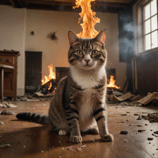 Photorealistic image of an innocent-looking cat sitting calmly in the middle of a burning room. Flames engulf the room, with fire licking up the walls and smoke filling the air. The cat is sitting on the floor, looking directly at the viewer with wide, innocent eyes. Above the cat, a speech bubble says "The dog did it!" The contrast between the cat's calm demeanor and the chaos around it creates a humorous and surreal scene.